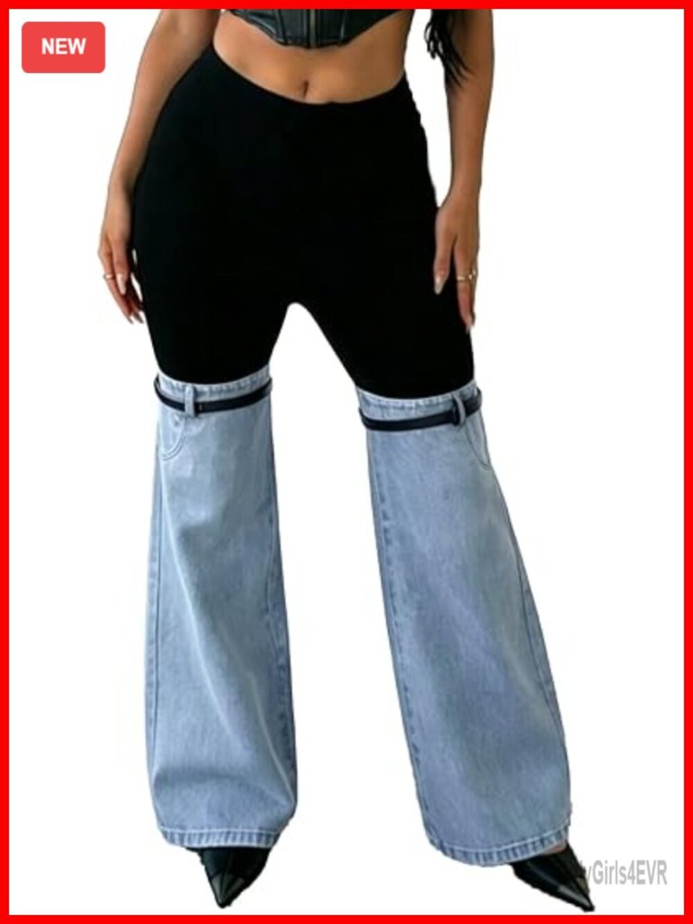 High Waisted Denim Patchwork Flared Pants Bell Bottom Color Block